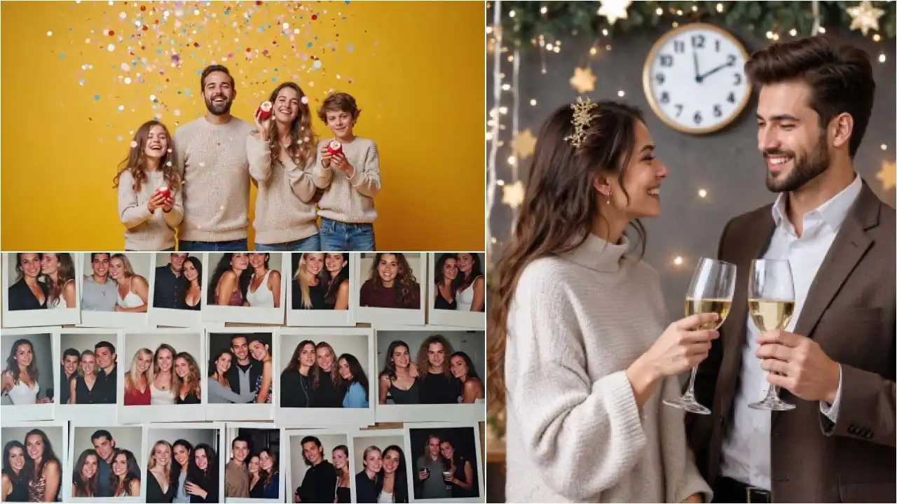 Gdzie na Sylwestra w Polsce? Wyjątkowe Miejsca na Powitanie 2026 Roku Family celebrating with confetti and holding ornaments, a couple toasting with champagne, and a collage of party photos on a wall.