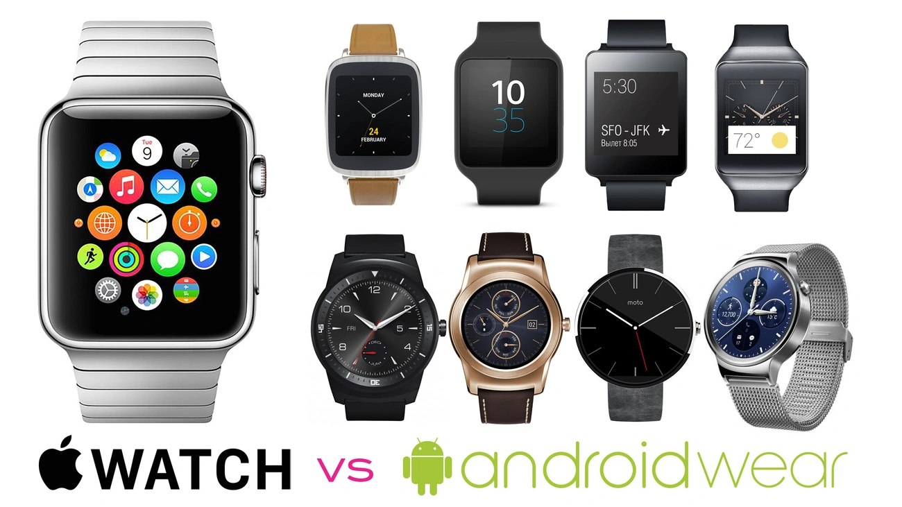 Smartwatch Męski Ranking 2025 | Odkryj 10 Najlepszych! Comparison of Apple Watch and various Android Wear smartwatches highlighting design and interface differences.