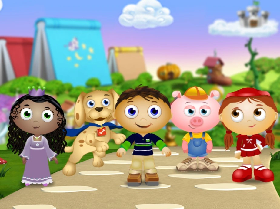 Five colorful animated characters standing on a whimsical path with a vibrant, playful background.