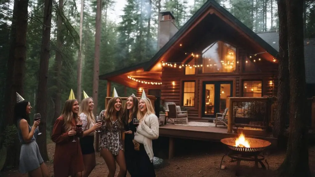 Gdzie na Sylwestra w Polsce? Wyjątkowe Miejsca na Powitanie 2026 Roku Group of friends enjoying a lively cabin bachelorette party with decorations and outdoor activities for unforgettable fun.